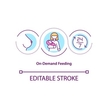 Talep üzerine beslenme konsepti simgesi. Emzirme fikri ince çizgi çizelgesi çizelgesi. Bebek bakıcılığı. Süt üretimi bebek ihtiyaçlarıyla senkronize. Vektör izole edilmiş RGB renk çizimi. Düzenlenebilir vuruş