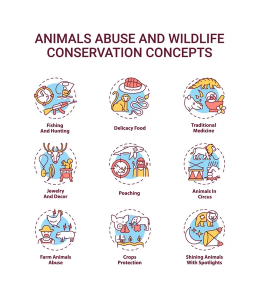 Animal Abuse Wildlife Conservation Concept Icons Set Danos Ecossistema Idéia —  Vetores de Stock