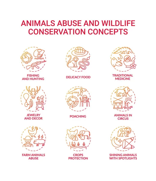 Animal Abuse Wildlife Conservation Red Gradient Concept Icons Set Danos —  Vetores de Stock