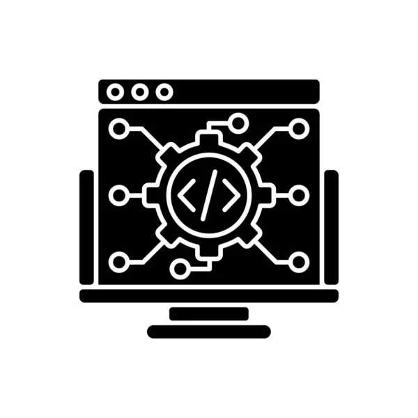 It業界のブラックグリフアイコン 現代の情報技術 ホワイトスペース上のコンピュータソフトウェア開発ビジネスシルエットシンボル プロのプログラミングコース ベクトル分離図 — ストックベクタ