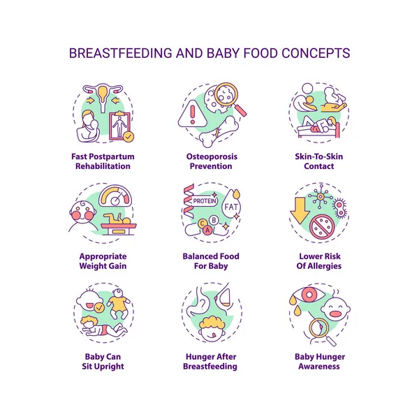 Conjunto Iconos Del Concepto Lactancia Materna Alimentos Para Bebés Única — Archivo Imágenes Vectoriales