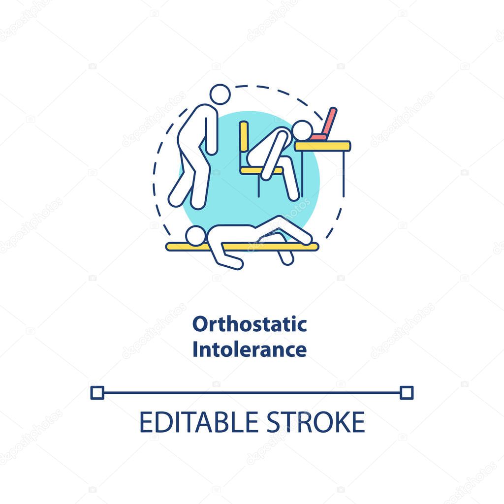 Orthostatic intolerance concept icon. CFS symptom idea thin line illustration. Difficulty with upright posture. Postural hypotension. Vector isolated outline RGB color drawing. Editable stroke