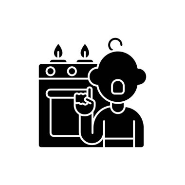 Çocukluk travması siyah sembol. Ev güvenliği. Yetişkin gözetimi. Çocuğa dayanıklı güvenlik. Çocuklar için ev kazası önleme. Beyaz uzayda siluet sembolü. Vektör izole illüstrasyonu