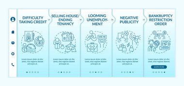 Vektör şablonunda mali sıkıntı var. Olumsuz reklam. İflas yasaklama emri. Simgeli ilgili mobil web sitesi. Web sayfası basamak ekranları. RGB renk kavramı