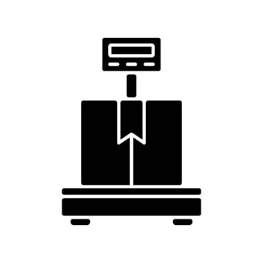 Sanayi ölçekli siyah kabartma simgesi. Nesneler ölçülüyor. Tartı çözeltisi. Nakliye, yükleme, nakliye. Paletler, konteynırlar, kasalar. Beyaz uzayda siluet sembolü. Vektör izole illüstrasyonu