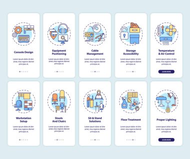 Mobil uygulama sayfası ekranında kavramları olan işçiler için güvenli ve sağlıklı bir iş yeri. Çalışma alanı tasarımı 5 aşamalı grafik talimatlar içeriyor. RGB renk resimleriyle UI vektör şablonu