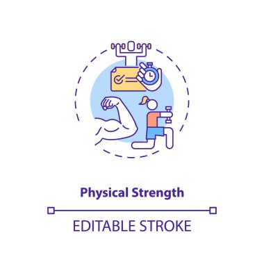 Fiziksel güç konsepti ikonu. Ergonomik alanındaki insan faktörü ince çizgi çizimi fikrini ortaya attı. Fiziksel aktivite. Sağlıklı ve acısız çalışanlar. Vektör izole edilmiş RGB renk çizimi. Düzenlenebilir vuruş