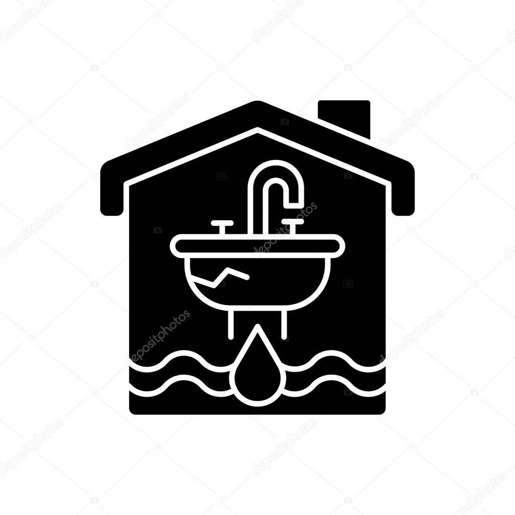 Water damage black glyph icon. Flooding and water leak. Structural, foundational damages. Irreparable destruction to walls and carpet. Silhouette symbol on white space. Vector isolated illustration