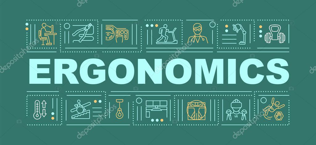 Ergonomics word concepts banner. Health protection body treatment product creation. Infographics with linear icons on green background. Isolated typography. Vector outline RGB color illustration