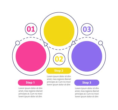 Yaratıcı grafik vektör bilgi şablonu. Metin alanı olan iş sunumu tasarım elemanları. Veri görselleştirmesi 3 adımda. Zaman çizelgesi. Kopyalama alanı ile çalışma akışı düzeni