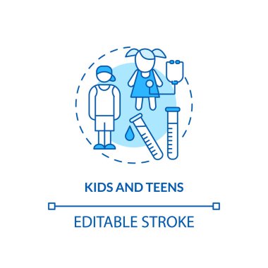 Çocuklar ve gençler konsept ikonu. Sağlık taraması yaş grubu fikri ince çizgi çizimi. Görme ve duyma kontrol ediliyor. Fiziksel muayene. Vektör izole edilmiş RGB renk çizimi. Düzenlenebilir vuruş