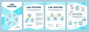 Laboratuvar broşürü test ediyor. Hastalıkları tespit etmek için prosedür uygulanır. Broşür, broşür, broşür baskısı, doğrusal simgelerle kaplama tasarımı. Dergiler için vektör planları, yıllık raporlar, reklam posterleri