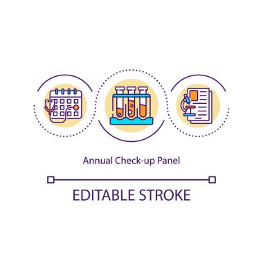 Yıllık kontrol paneli konsepti simgesi. Genel sağlığınızı değerlendirmek için bir panel. Klinik yardım fikri ince çizgi çizimi. Vektör izole edilmiş RGB renk çizimi. Düzenlenebilir vuruş