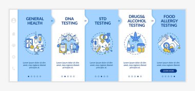En iyi laboratuvar test kategorileri vektör şablonunda. Genel sağlık. DNA, STD testi. Simgeli ilgili mobil web sitesi. Web sayfası basamak ekranları. RGB renk kavramı
