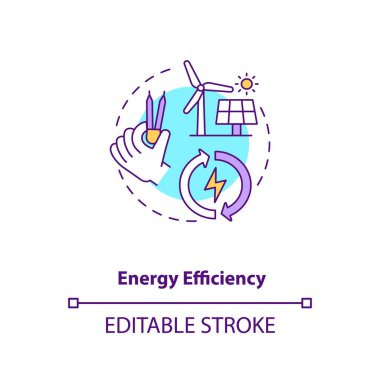 Enerji verimliliği kavramı simgesi. Gelişim sürecinde sürdürülebilirlik. Emisyonu ve maliyeti düşür. İnşaat mühendisliği fikri ince çizgi çizimi. Vektör izole edilmiş RGB renk çizimi. Düzenlenebilir vuruş