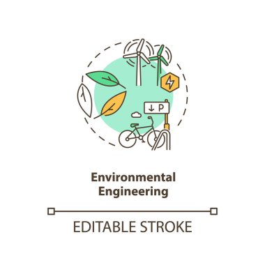 Çevre mühendisliği konsepti ikonu. Alternatif enerji kaynağı. Sürdürülebilir gelişme. İnşaat mühendisliği fikri ince çizgi çizimi. Vektör izole edilmiş RGB renk çizimi. Düzenlenebilir vuruş
