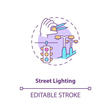 Sokak aydınlatma konsepti simgesi. Yol aydınlatması. Kamu hizmeti. Şehir altyapısı. İnşaat mühendisliği fikri ince çizgi çizimi. Vektör izole edilmiş RGB renk çizimi. Düzenlenebilir vuruş