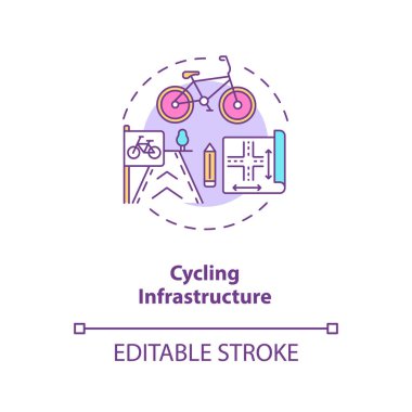 Bisiklet altyapısı konsepti simgesi. Toplu taşıma planı. Şehir ulaşımı için şema. İnşaat mühendisliği fikri ince çizgi çizimi. Vektör izole edilmiş RGB renk çizimi. Düzenlenebilir vuruş
