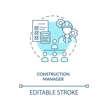İnşaat müdürü turkuaz konsept simgesi. Denetleme işi. İş projesi yönetimi. İnşaat mühendisliği fikri ince çizgi çizimi. Vektör izole edilmiş RGB renk çizimi. Düzenlenebilir vuruş