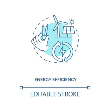 Enerji verimliliği turkuaz konsept simgesi. Gelişim sürecinde sürdürülebilirlik. Emisyonu azalt. İnşaat mühendisliği fikri ince çizgi çizimi. Vektör izole edilmiş RGB renk çizimi. Düzenlenebilir vuruş