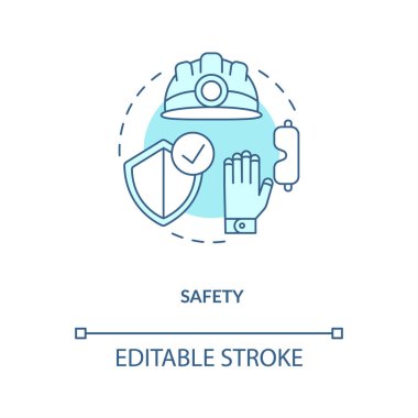 Güvenlik turkuaz konsept simgesi. Sağlık sigortası ve inşaatçılar için koruma. Müteahhit PPE. İnşaat mühendisliği fikri ince çizgi çizimi. Vektör izole edilmiş RGB renk çizimi. Düzenlenebilir vuruş