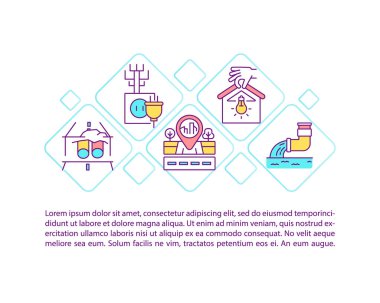 Altyapı hizmetleri konsept simgesi ile metin. Elektrik, su, kanalizasyon ve iletişim araçları. PPT sayfa vektör şablonu. Broşür, dergi, kitapçık tasarım ögesi doğrusal çizimler