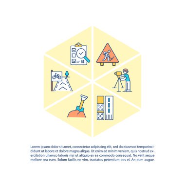 Metinli otoyol mühendisliği konsepti simgesi. Planlama, tasarım, inşaat. Yol bakımı. PPT sayfa vektör şablonu. Broşür, dergi, kitapçık tasarım ögesi doğrusal çizimler