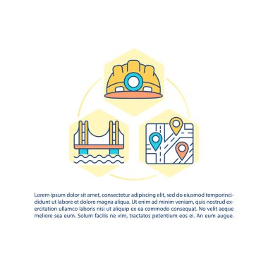 Altyapı inşaat konsepti simgesi ile metin. Yollar, köprüler ve demiryolları. Tasarım ve bina. PPT sayfa vektör şablonu. Broşür, dergi, kitapçık tasarım ögesi doğrusal çizimler