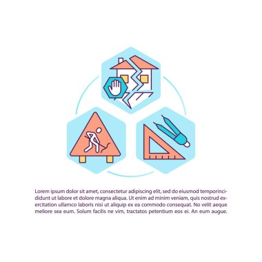 Depreme dayanıklı yapılar oluşturmak metinli konsept simgesi. Deprem hasarı minimize ediliyor. PPT sayfa vektör şablonu. Broşür, dergi, kitapçık tasarım ögesi doğrusal çizimler