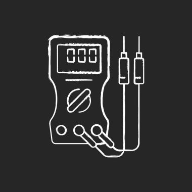 Siyah arkaplanda beyaz tebeşir simgesi. Voltmetre, ohmmetre. Doğrudan ve alternatif elektrik akımını ölçüyorum. Devre analizi ve hata ayıklama. İzole edilmiş vektör karatahta çizimi