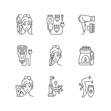 Cilt rutin doğrusal simgeler ayarlandı. Kuaför aletleri. Elektrikli saç makası. Tıraş. Makyaj süngeri. Özelleştirilebilir ince çizgi şekilleri. İzole vektör çizimi çizimleri. Düzenlenebilir vuruş