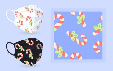 Yüz maskesinin üzerindeki şeker kamışı modern, soyut, dikişsiz desenli. Holly ile şeker kamışı. Elle çizilmiş vektör çizimleri. Renkli grafiklerle dekoratif tasarım için yaratıcı düz alan