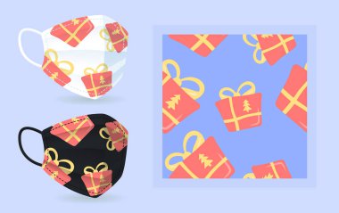 Kırmızı Yeni Yıl hediyesi, modern, soyut, pürüzsüz desenli yüz maskesi modeli. Noel hediyesi. Düz vektör şekilleri. Moda çizgi film renkli simgelerin dokusu. Grafik ögeleri ile dekoratif tasarım