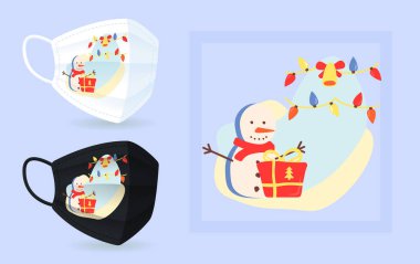 Canlı bir Noel süsü maske modeliyle soyut bir tasarım. Kış tatili Modern yaratıcı tarzda renkli 2D grafik şekiller. Moda izole karalama çizimi