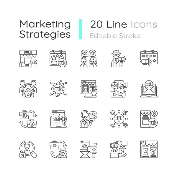 Conjunto Iconos Lineales Estrategias Marketing Tipo Transaccional Publicidad Producto Servicio — Archivo Imágenes Vectoriales