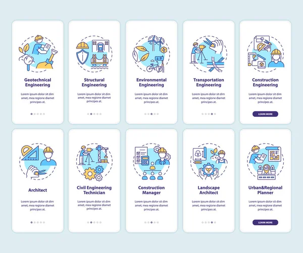 Mobil uygulama sayfasında konsept içeren mühendislik uzmanlığı türleri. Mimar, menajer, teknisyen 5 aşamalı grafik talimatlar. RGB renk resimleriyle UI vektör şablonu