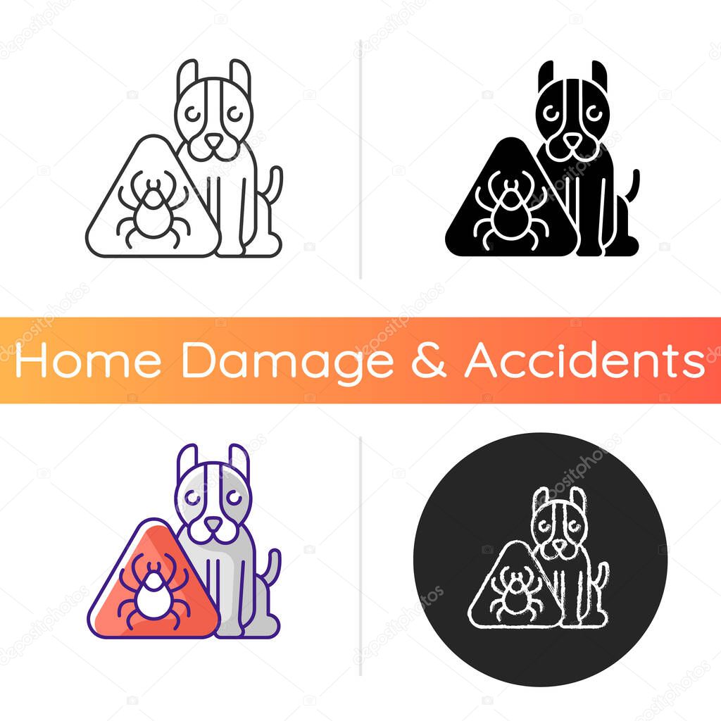 Pet hazards icon. Household dangers for animals. Fleas and ticks. Animal attacks. Pet-friendly zone. Bugs on dogs. Bites and scratches. Linear black and RGB color styles. Isolated vector illustrations