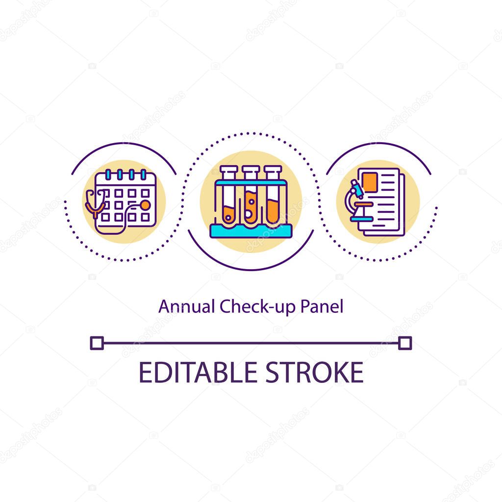 Annual check up panel concept icon. Panel for evaluating your overall health. Clinical helping idea thin line illustration. Vector isolated outline RGB color drawing. Editable stroke