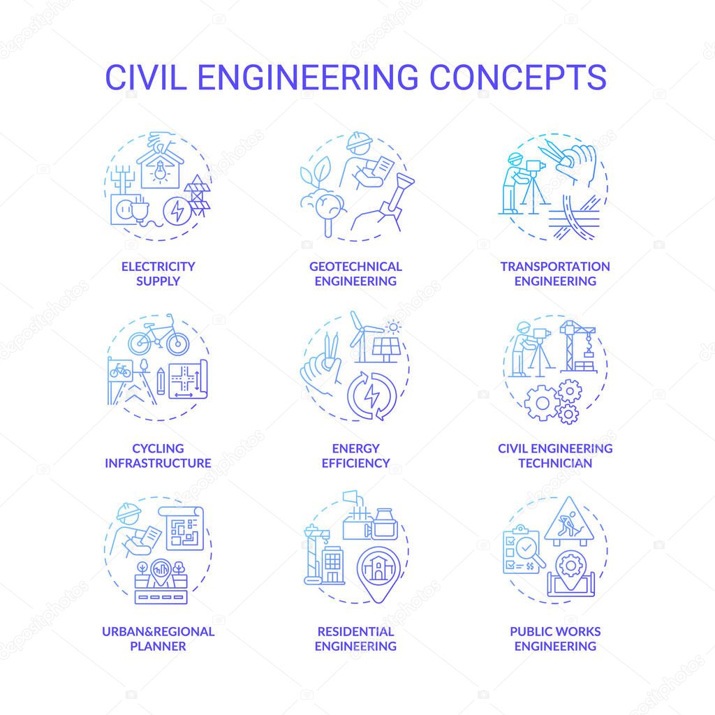 Civil engineering blue gradient concept icons set. Resource supply. City infrastructure. Sustainable construction idea thin line RGB color illustrations. Vector isolated outline drawings