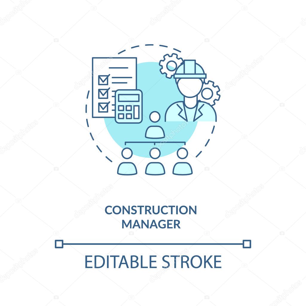 Construction manager turquoise concept icon. Supervisor work. Business project management. Civil engineering idea thin line illustration. Vector isolated outline RGB color drawing. Editable stroke
