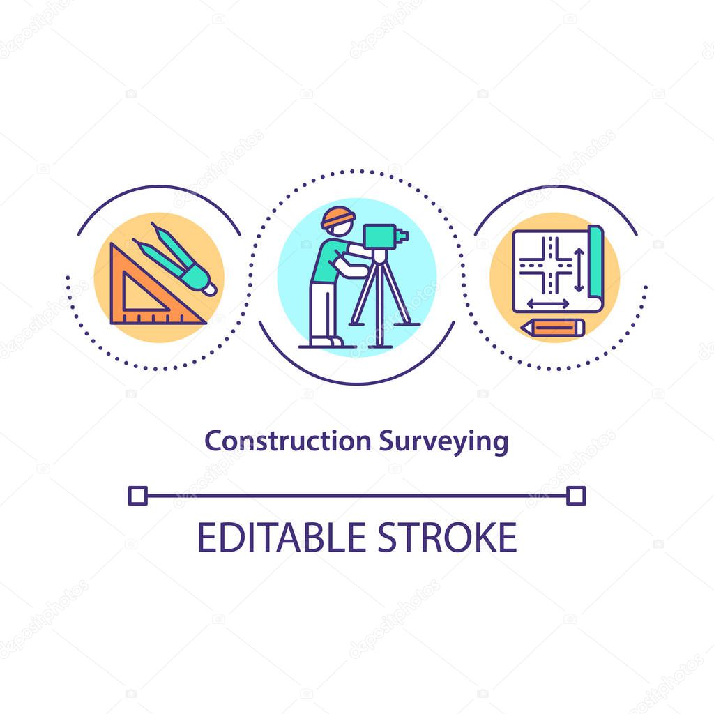 Construction surveying concept icon. Engineering, mapmaking projects idea thin line illustration. Preparing sites for construction. Vector isolated outline RGB color drawing. Editable stroke