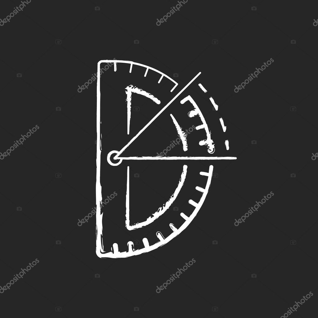 Half circle protractor chalk white icon on black background. Measuring and constructing plane angles in radians. Architectural and mechanical drawing. Isolated vector chalkboard illustration