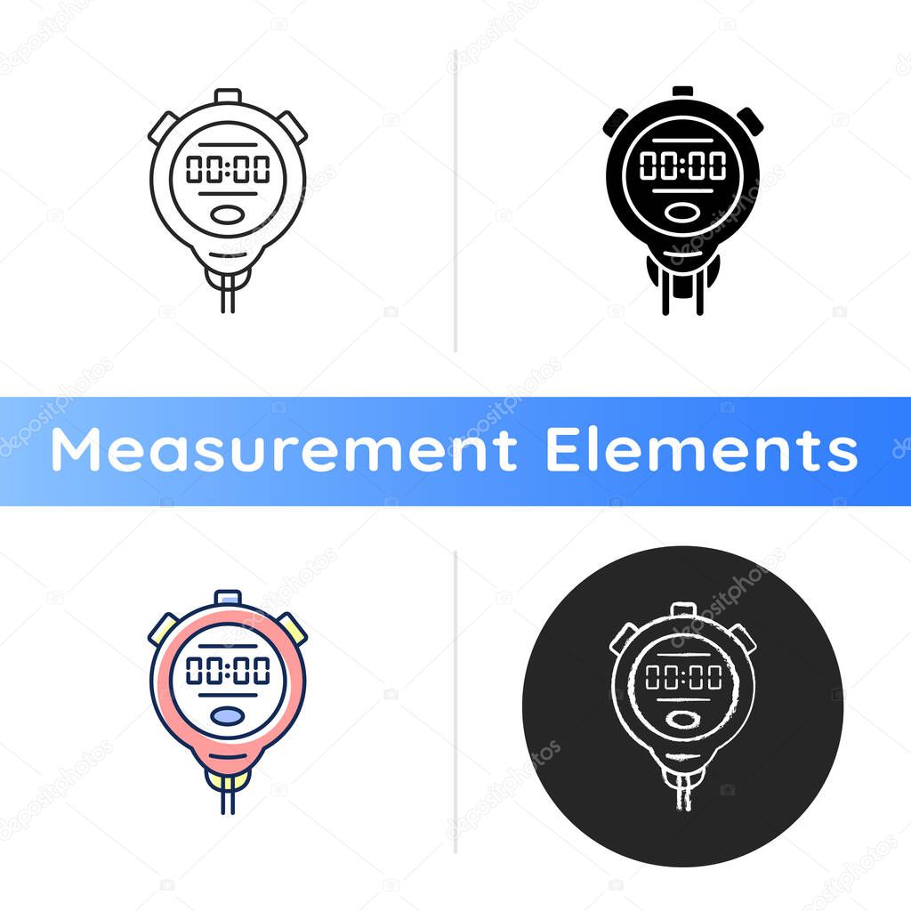 Stopwatch icon. Measuring elapsed time. Handheld timepiece. Sporting and athletic events. Stop clock. Recording split and lap times. Linear black and RGB color styles. Isolated vector illustrations