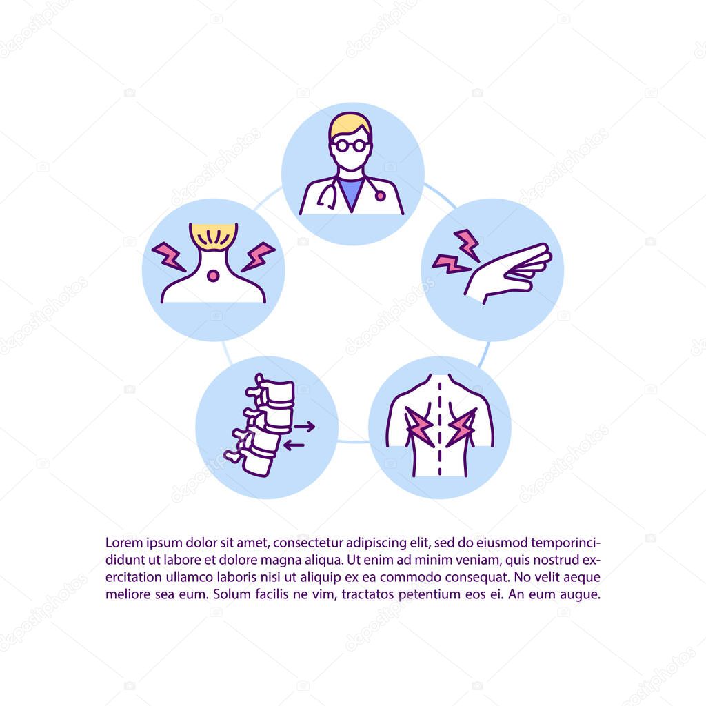 Early Reporting of MSD Symptoms concept icon with text. Work related injuries. Curing body problems. PPT page vector template. Brochure, magazine, booklet design element with linear illustrations