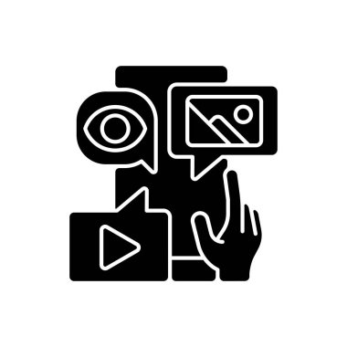 İçerik pazarlama kara kabartma simgesi. Hedef kitle için çevrimiçi içerik oluşturma ve dağıtma odaklı pazarlama biçimidir. Beyaz uzayda siluet sembolü. Vektör izole illüstrasyonu