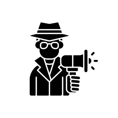 Gizli pazarlama kara simge simgesi. Şirket ürünlerini tüketicilere tanıtmak reklam gibi gözükmüyor. Beyaz uzayda siluet sembolü. Vektör izole illüstrasyonu