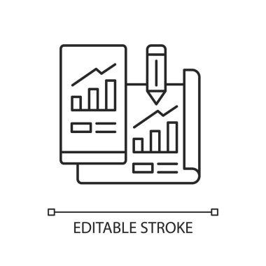 Doğrusal simge prototipi. Mobil uygulama geliştirme. Veri araştırması, bilgi analizi. İnce çizgi özelleştirilebilir illüstrasyon. Contour sembolü. Vektör izole çizim. Düzenlenebilir vuruş