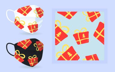 Noel hediyesi maske modeli modern, soyut, pürüzsüz desenli. Kırmızı paketlenmiş hediye kutusu. Düz vektör şekilleri. Moda çizgi film renkli simgelerin dokusu. Grafik ögeleri ile dekoratif tasarım