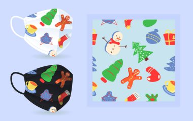 Tatil sezonunun yüz maskesi modeli modern, soyut, dikişsiz desenli. Yeni yıl, Noel tatili. Düz vektör şekilleri. Moda çizgi film renkli simgelerin dokusu. Grafik ögeleri ile dekoratif tasarım