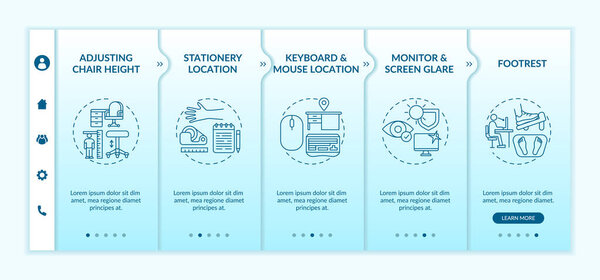 Office workplace safety tips onboarding vector template. Stationery location. Monitor and screen glare. Responsive mobile website with icons. Webpage walkthrough step screens. RGB color concept
